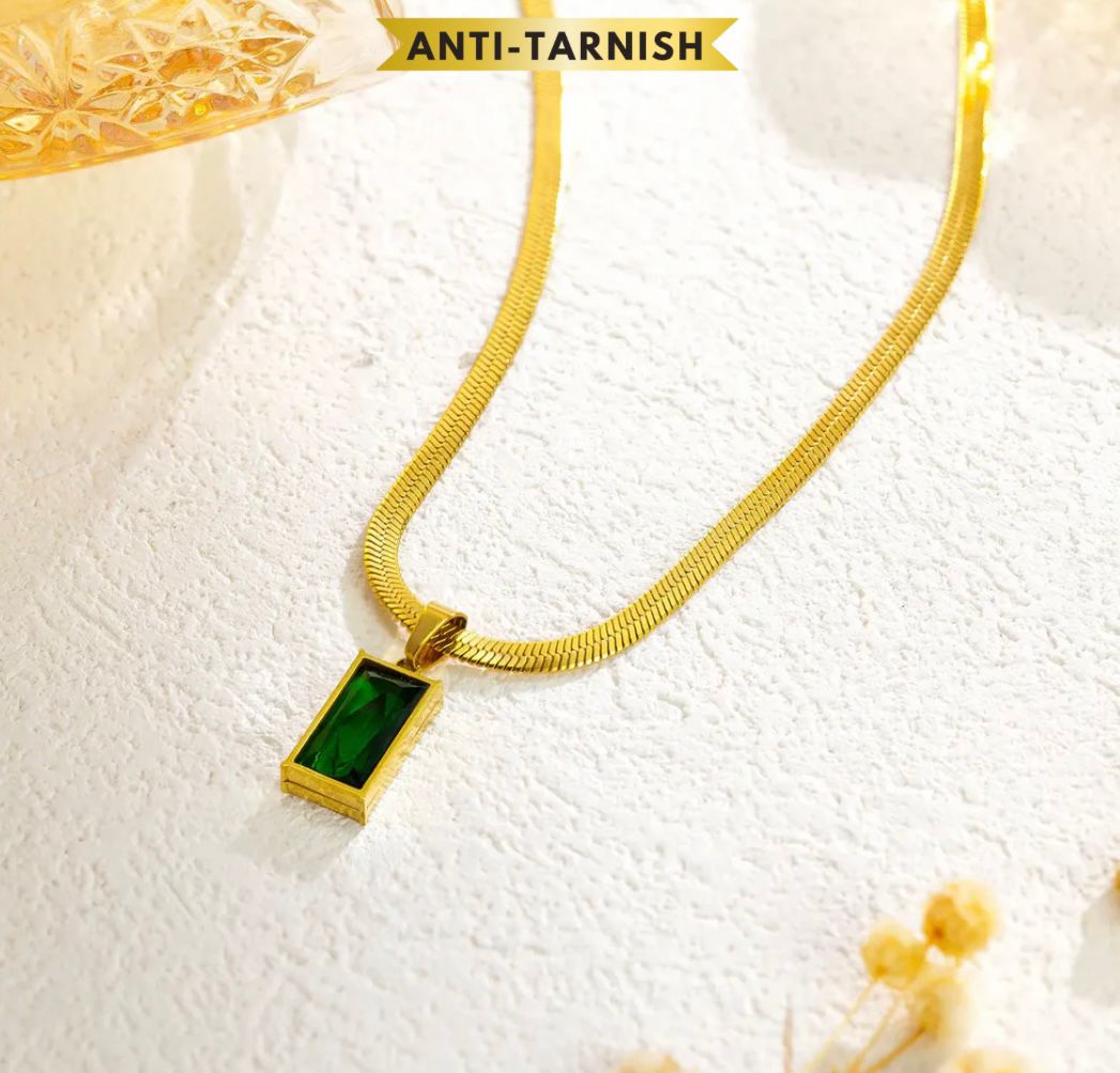 GREEN CUBIC ZIRCONIA CZ FLAT SNAKE CHAIN NECKLACE