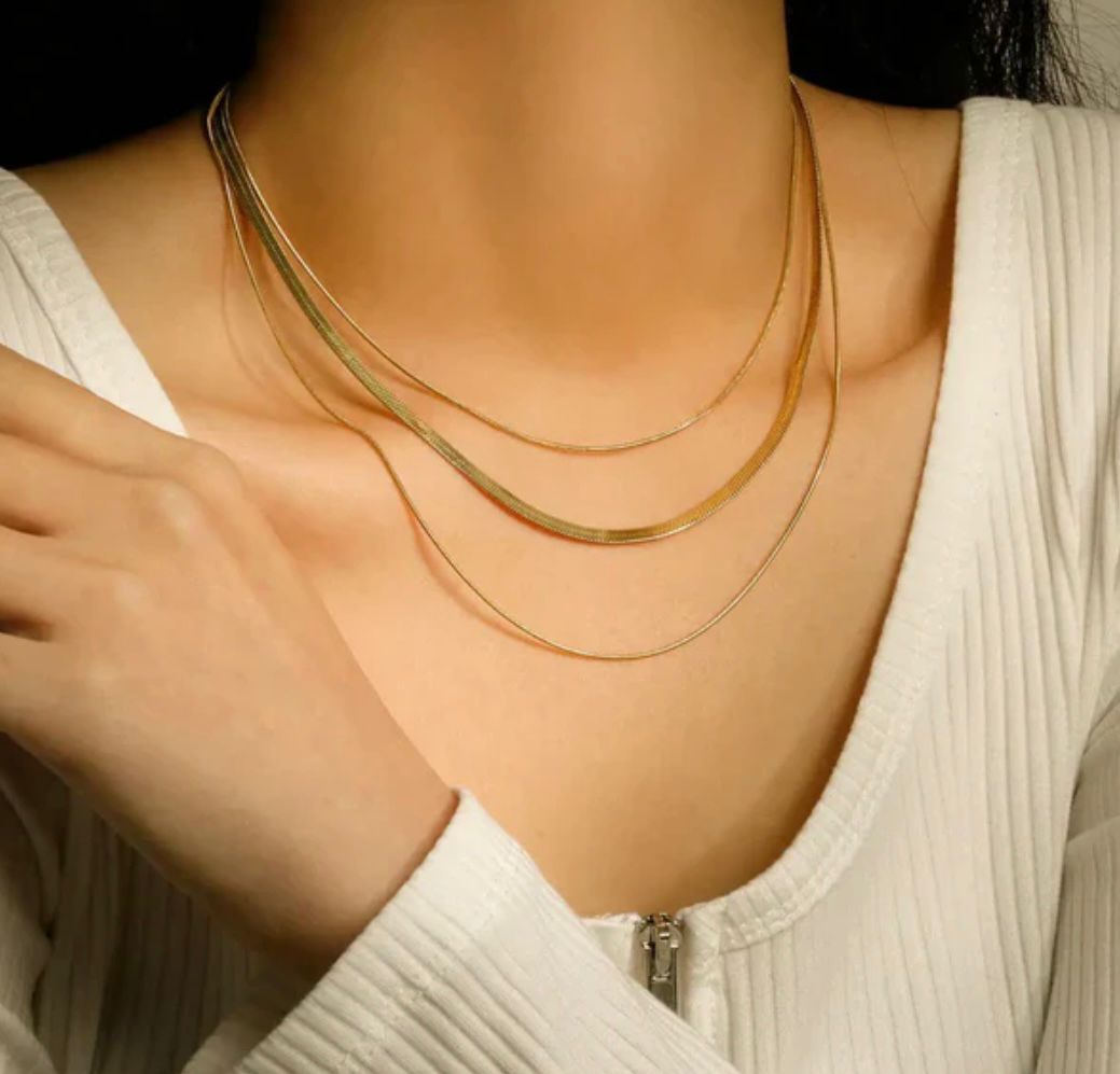 GOLD PLATED THREE LAYERS SNAKE CHAIN NECKLACE