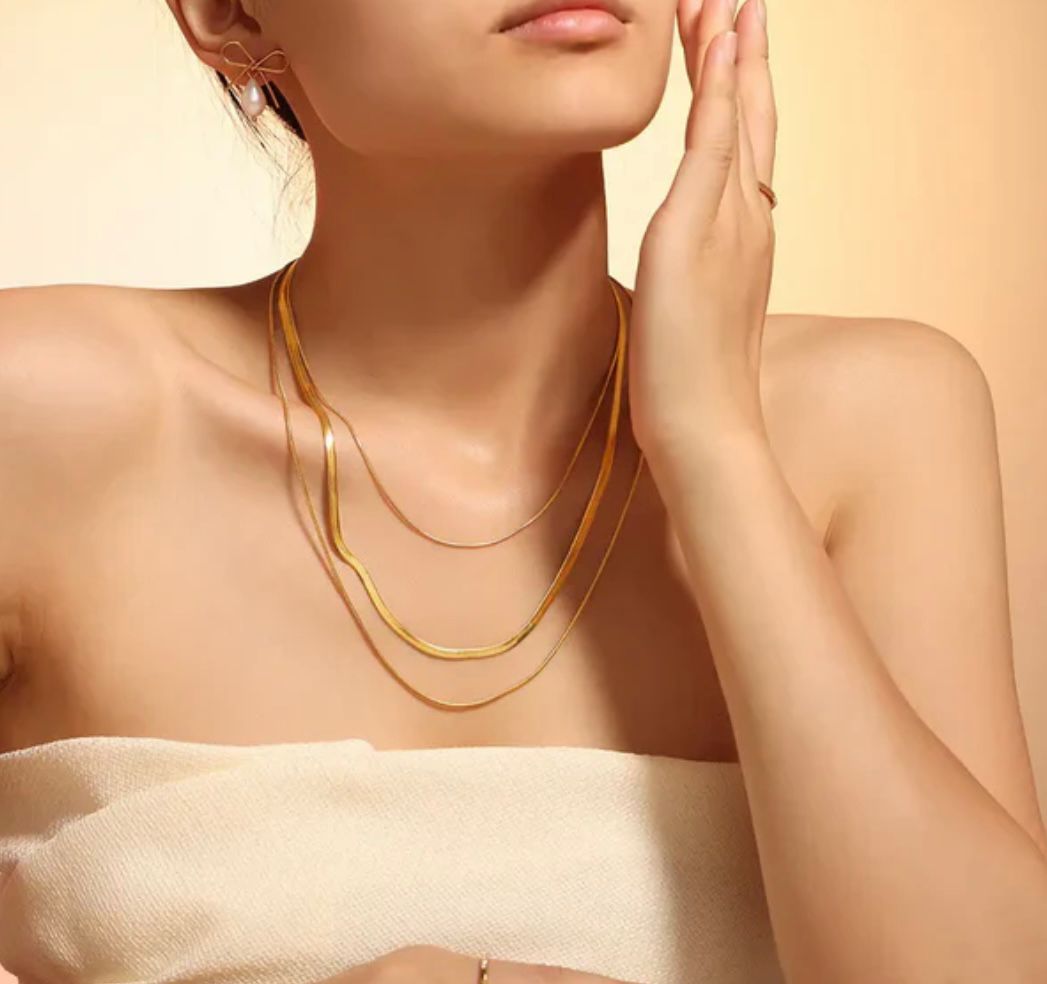 GOLD PLATED THREE LAYERS SNAKE CHAIN NECKLACE
