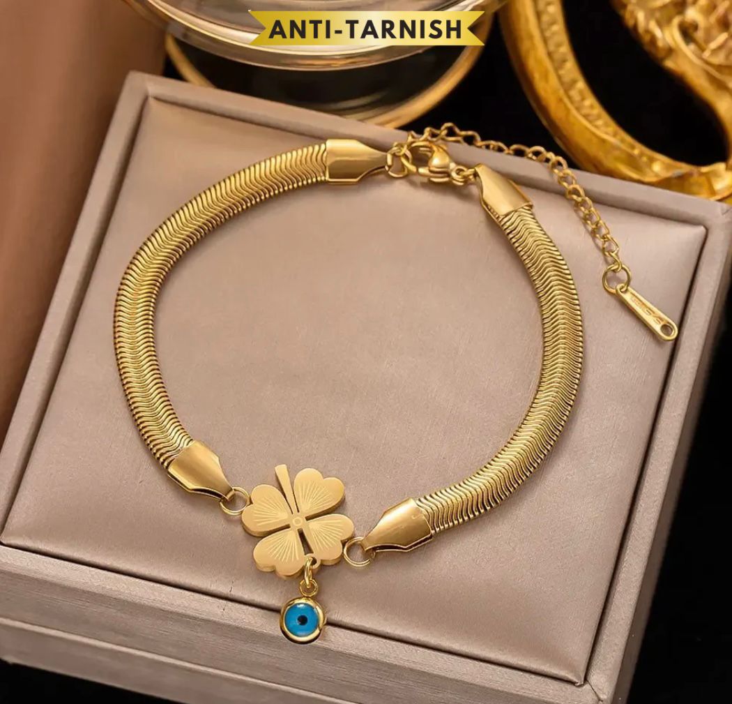 EVIL'S EYE LEAF CHARM SNAKE CHAIN BRACELET