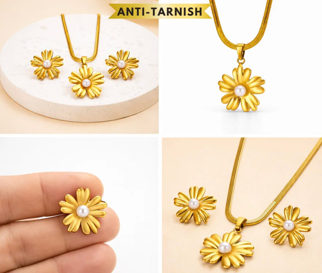 ELEGANT GOLD DAISY PEARL SET