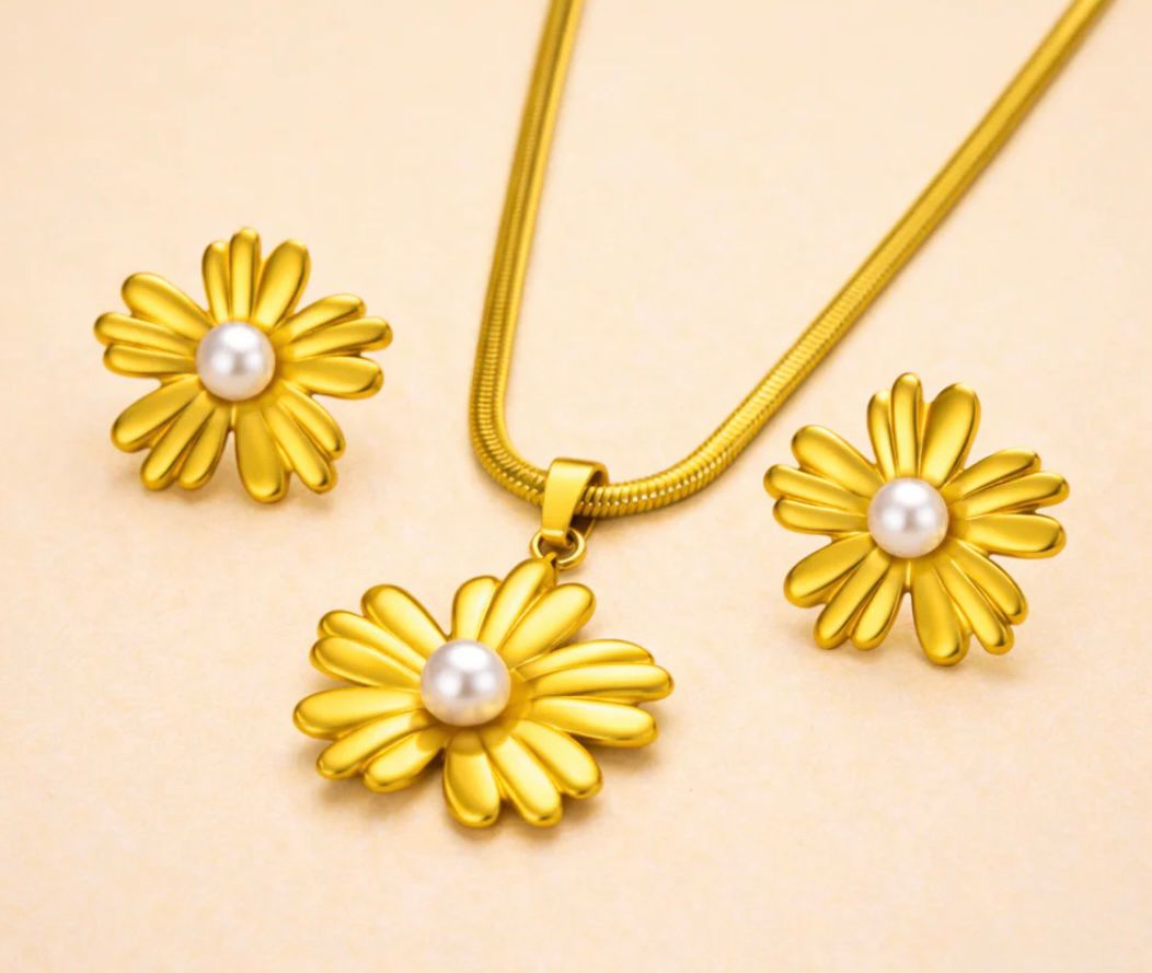 ELEGANT GOLD DAISY PEARL SET