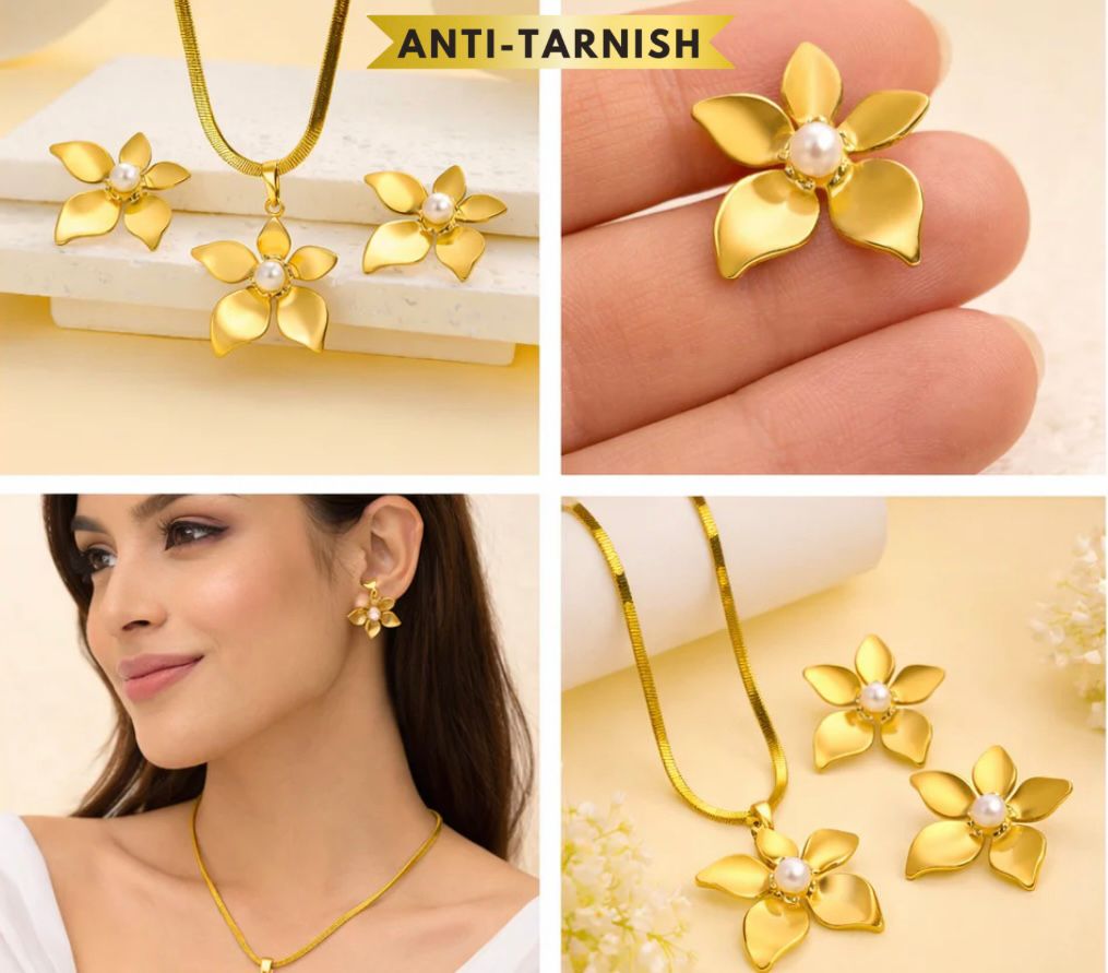 CLASSIC FIVE PETAL NECKLACE &amp; EARRING SET